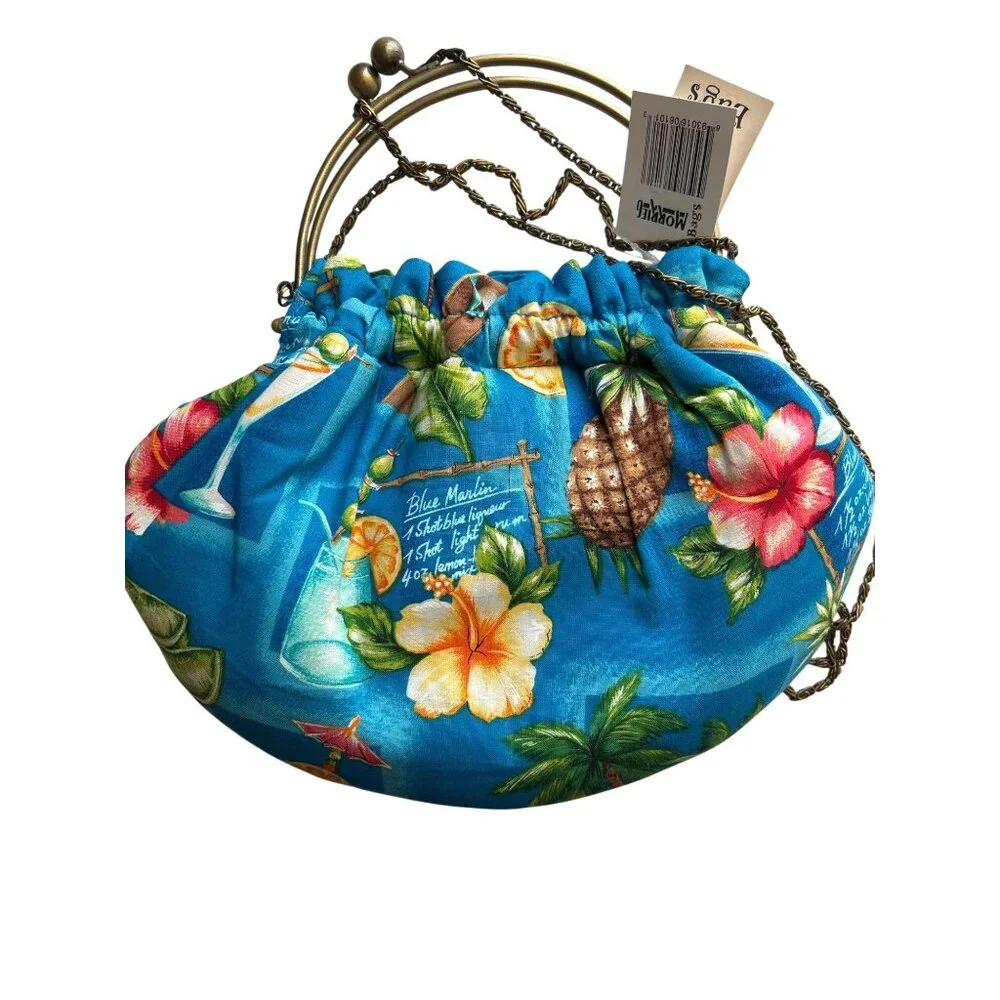 Morrieg Tropical Print Metal Frame Chain Strap Blue Floral Cocktail Design Bag - Picture 7 of 8